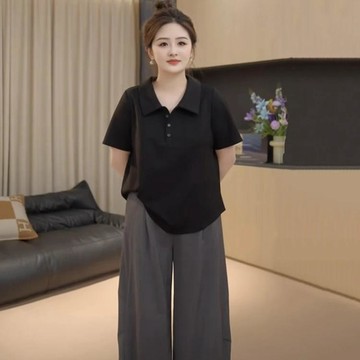 2026大碼女裝polo領正肩短袖T恤女夏季胖mm寬鬆顯瘦遮肉純色上衣