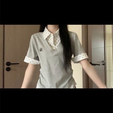 【砂糖夢境】學院風假兩件波點翻領短袖女夏季2026年新款正肩顯瘦上衣T恤