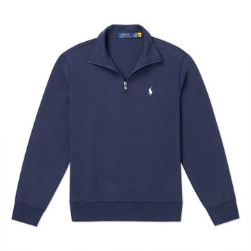 Polo Ralph Lauren RL 熱銷刺繡小馬半開襟立領大學T恤-深藍色