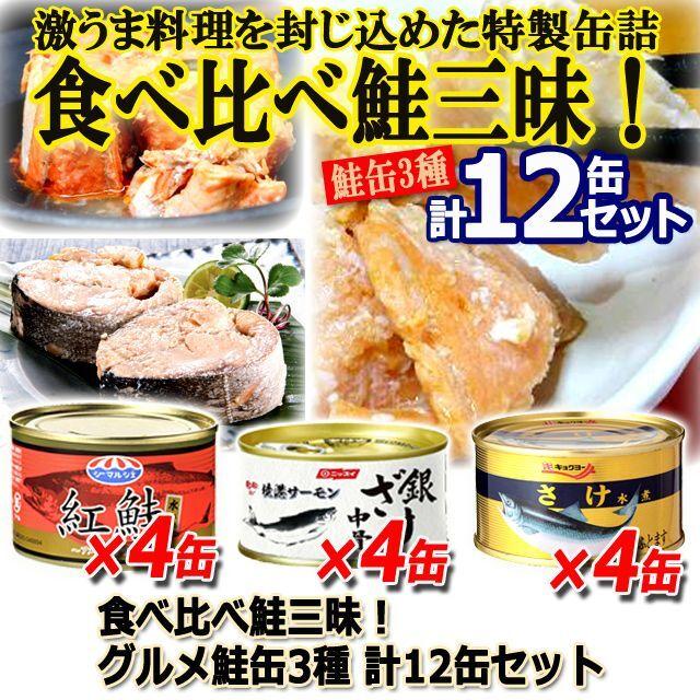 食べ比べ鮭三昧！グルメ鮭缶3種 計12缶セット  (ホロホロ 料理の具材 DHA EPA カルシウム お弁当お酒のお供 水揚げ しゃけ 紅鮭 水煮 銀鮭 からふとます)