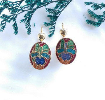 Vintage Jewelry  景泰藍-小巧 紅底 小百合花卉 針式耳環