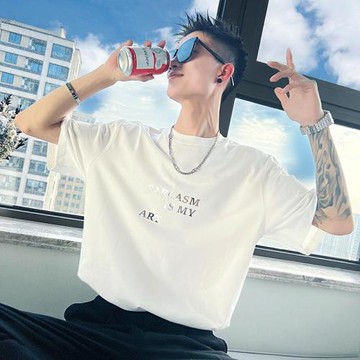 夏季白色T恤男潮牌痞帥寬松短袖體恤2023新款潮流時尚簡約半截袖