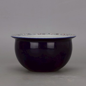 大明建文年霽藍內飾青花釉里紅羅漢缸 仿古舊貨瓷器景德鎮收藏