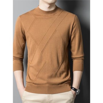 春秋季可機洗精紡純羊毛衫男半高領純色針織衫內搭男裝中領毛衣潮