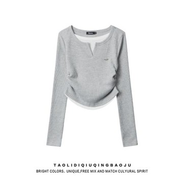 純欲風拼接假兩件長袖T恤女裝秋季2026新款辣妹修身顯瘦短款上衣