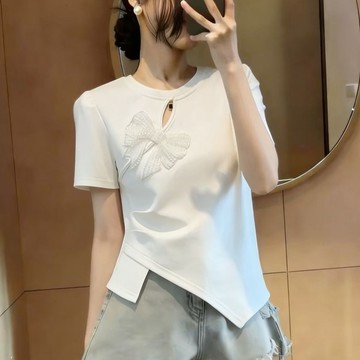 上衣 短袖T卹 T卹衫 甜美 S-2XL 新款短袖設計T卹時尚百搭修身顯瘦爆款洋氣別緻上衣-17781.胖胖美依