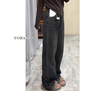 水泥灰直筒牛仔褲女春季新款大碼寬松顯瘦胖mm梨形身材窄版闊腿褲