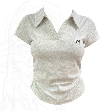 M-3XL 微胖mm美式收腰褶皺polo領短款上衣女夏季新款設計感顯瘦短袖T恤