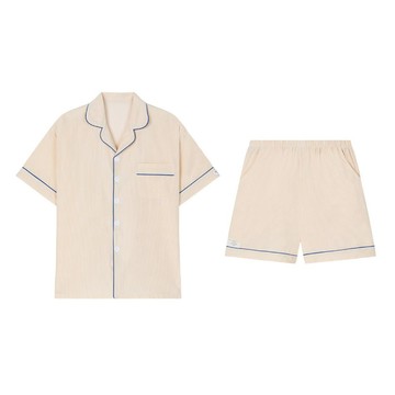 韓國 DOSSY NMIXX 吳海嫄 PICK 男女情侶睡衣 短袖短褲套裝 米色條紋 BEIGE STRIPE
