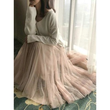 2025新款高腰長款網紗裙 顯瘦百搭半身裙純色中長款A字大擺蓬蓬裙