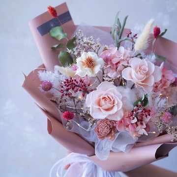 共度浪漫❤️【GOODLILY flower】淡粉色永生玫瑰花束 ( L) 情人節 生日 告白 求婚 畢業 乾燥花(贈送LED燈串)