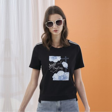 CLL巧玲瓏 感光花卉配色織帶上衣(黑色) 7333917