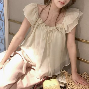 FUXI 雪紡衫女 甜美氣質荷葉邊上衣 小飛袖雪紡小衫 短板上衣 韓版時尚顯瘦百搭上衣 無袖上衣 女裝 衣服