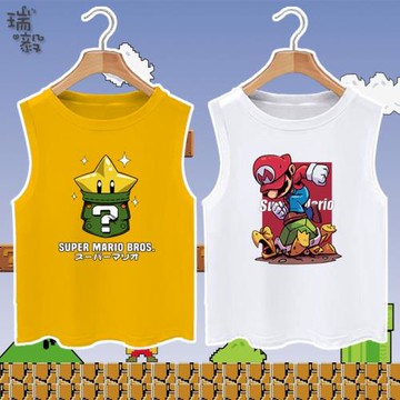 Mario超級瑪麗水管工馬里奧游戲純棉背心男女兒童裝學生無袖T恤衫