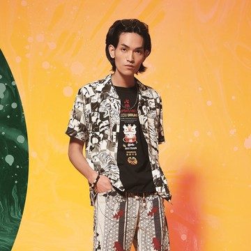 BIG TRAIN 港風大龍虎印花短袖襯衫 黑B70121