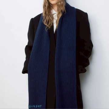 Ruslan Baginskiy 配色刺繡字羊毛圍巾/深藍色