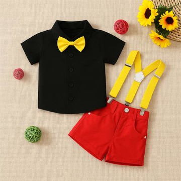 跨境韓版男童套裝時尚兒童撞色紳士套裝黑色襯衫+背帶紅色褲3件套