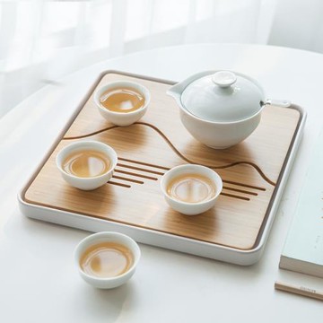 現代創意功夫茶具陶瓷套裝 日式 竹制茶托盤簡約家用儲水干泡茶臺