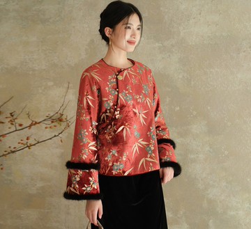 【納福紅裳】新中式復古風 絲絨燙金/提花斜襟外套
