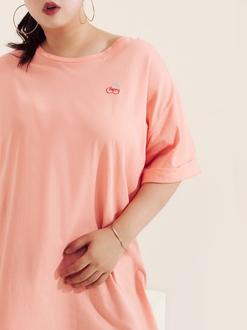 純棉櫻桃刺繡落肩短袖上衣