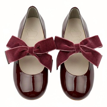 Agneau 女童牡丹天鵝絨蝴蝶結皮鞋  酒場 酒紅色  195