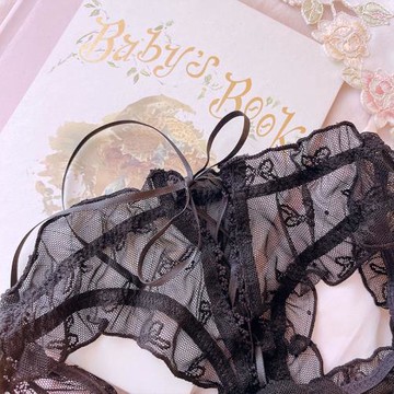 日系洛麗塔少女甜美純欲仙性感透明蕾絲網紗絲帶黑色女生三角內褲
