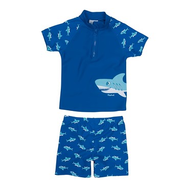 playshoes 抗UV防曬短袖兩件組男童泳裝-鯊魚  122/128  藍色  1入