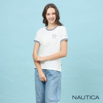 Nautica 官方旗艦 女裝 網球拍圖騰刺繡抑菌短袖T恤-白色