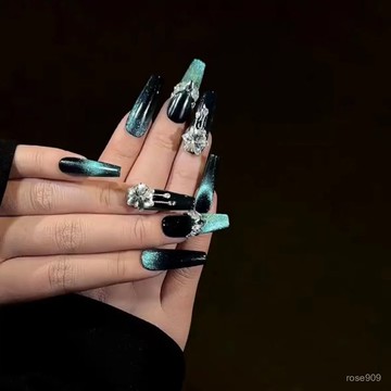 ➕最新設計款穿戴甲💅新款藍寶石貓眼手工穿戴甲片黑色漸變長款可拆卸美甲貼片奢華大鑽長梯穿戴甲 BYJK