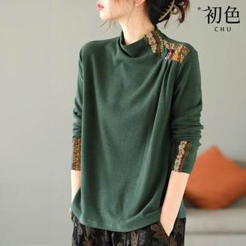 初色 民族風純色半高領內搭保暖長袖上衣女上衣-共5色-15259(M-4XL可選)