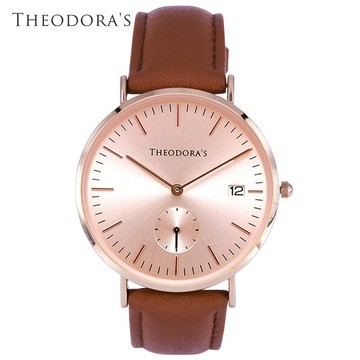 【THEODORA'S】Zeus 中性單眼日顯真皮手錶 單眼粉膚-真皮橘棕【希奧朵拉】