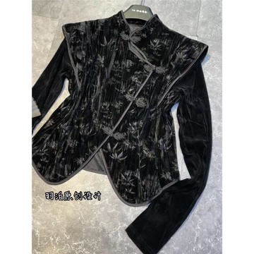 歐洲站2024秋季新款中式國風復古立領盤扣提花絲絨襯衫女顯瘦小衫