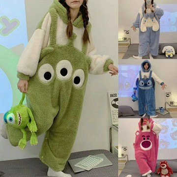 睡衣 加絨 ??卡通草莓熊睡衣冬季刷毛加厚女連身睡衣秋冬款珊瑚絨外穿家居服