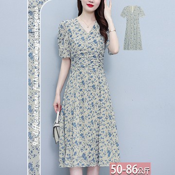 V領碎花印花皺褶收腰壓褶泡泡袖洋裝 L-5XL【122190X】【現+預】☆流行前線☆