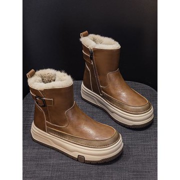 冬季加絨雪地靴女2025新款休閑厚底板鞋運動真皮高幫加厚保暖棉鞋