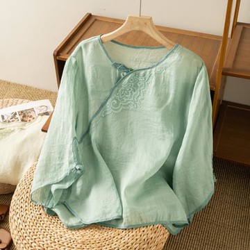 折扣店尾貨棉麻上衣女2025夏季新款復古薄款七分袖亞麻T恤女