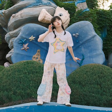 Meugler牛稠島 動物天堂 雙兔桃心/星星小狗圖案印花情侶白色半袖