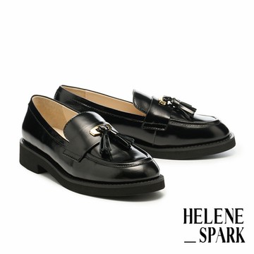 厚底鞋 HELENE_SPARK 知性學院風流蘇微亮全真皮樂福厚底鞋－黑