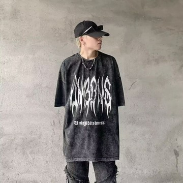 UNBDNS 水洗短袖 oversize短袖小眾暗黑系哥德做舊印花短袖T恤男美式復古上衣半袖潮男 Y2085