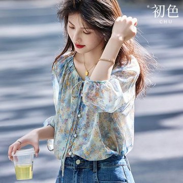 初色 法式碎花寬鬆顯瘦V領七分袖雪紡襯衫上衣女上衣-藍色-13050(M-2XL可選)