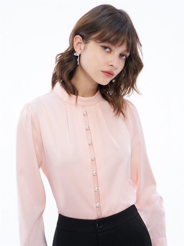 優雅緞面珍珠排釦襯衫-粉
