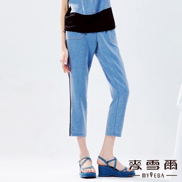 Myvega麥雪爾 MIT牛仔風袋蓋拼接套裝九分褲-藍