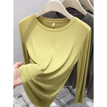 親膚薄款面膜T恤女春秋2025簡約圓領純色打底衫垂感長袖內搭上衣