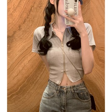 【太妮絲T101】現貨 POLO兩雙拉鍊上衣 短版上衣 性感 POLO領 拉鍊上衣 顯瘦 字母 刺