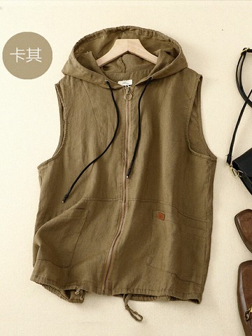 連帽亞麻馬甲外套女背心坎肩棉麻馬夾上衣