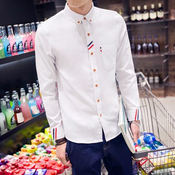 韓版夏季男士休閑純棉白襯衣春薄款修身純色青少年學生襯衫長袖男