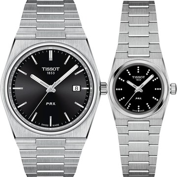 TISSOT 天梭 官方授權 PRX系列 70年代復刻石英對錶 情侶手錶 新春開運 送禮首選-銀x黑 T1374101105100+T1370101105600