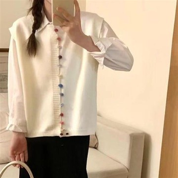 【米蘭精品】針織衫無袖毛衣-寬鬆彩色鈕扣馬甲女上衣2色74ik69