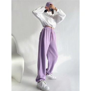 歐美舞蹈運動褲女夏季薄款紫色高腰寬松抽繩束腳褲休閑直筒衛褲潮