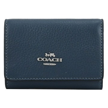 【福利品】COACH CM238 金屬C LOGO荔枝皮革三折零錢短夾.丹寧藍